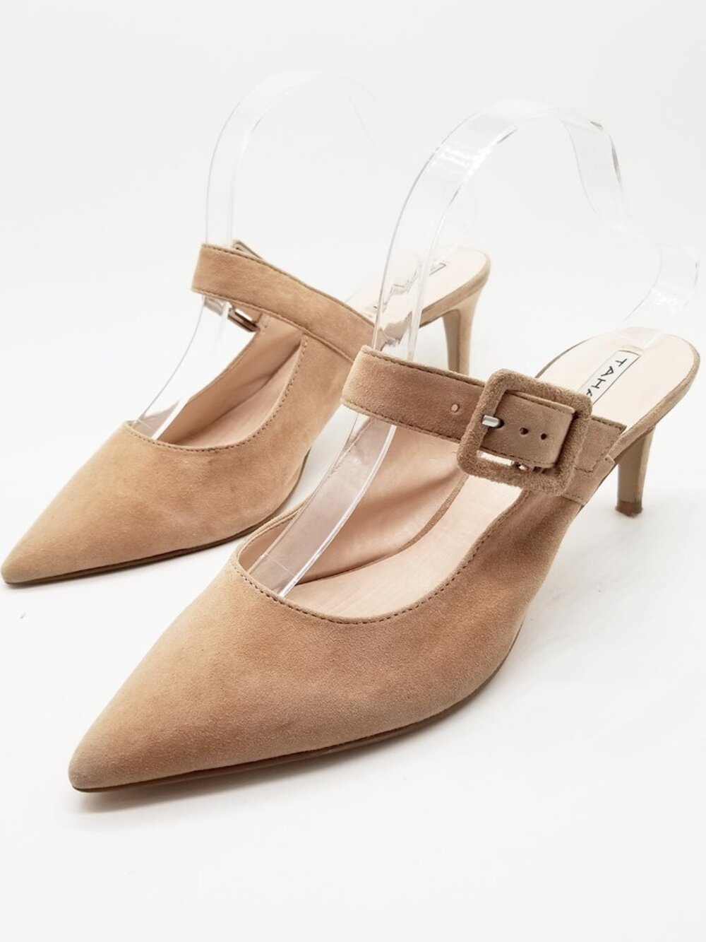 Tahari Skyla Beige Suede Pointed Toe Kitten Heel Slip On Mules Buckle Strap 8.5M